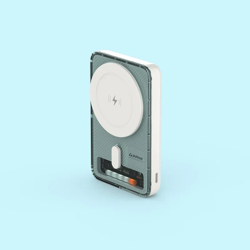 Stuffcool Lucid plus 15w magnetic wireless powerbank for iphone transparent & white