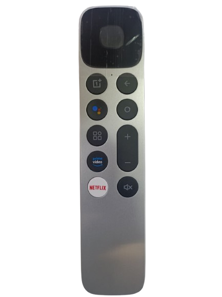 OnePlus Silver Voice Remote with Voice Control, dedicated Netflix & Prime Video buttons, and easy battery operation.